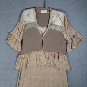 Spencer Alexis Maxi Dress‎ Size L Boho Patchwork Lace Crinkle Beige Kimono Set
